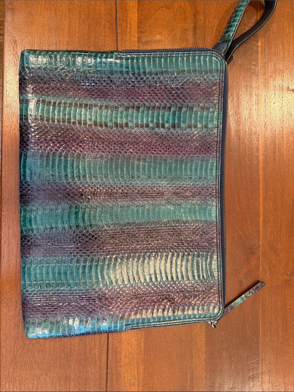 Lanvin Teal and Navy Striped Textured Wristlet Clutch